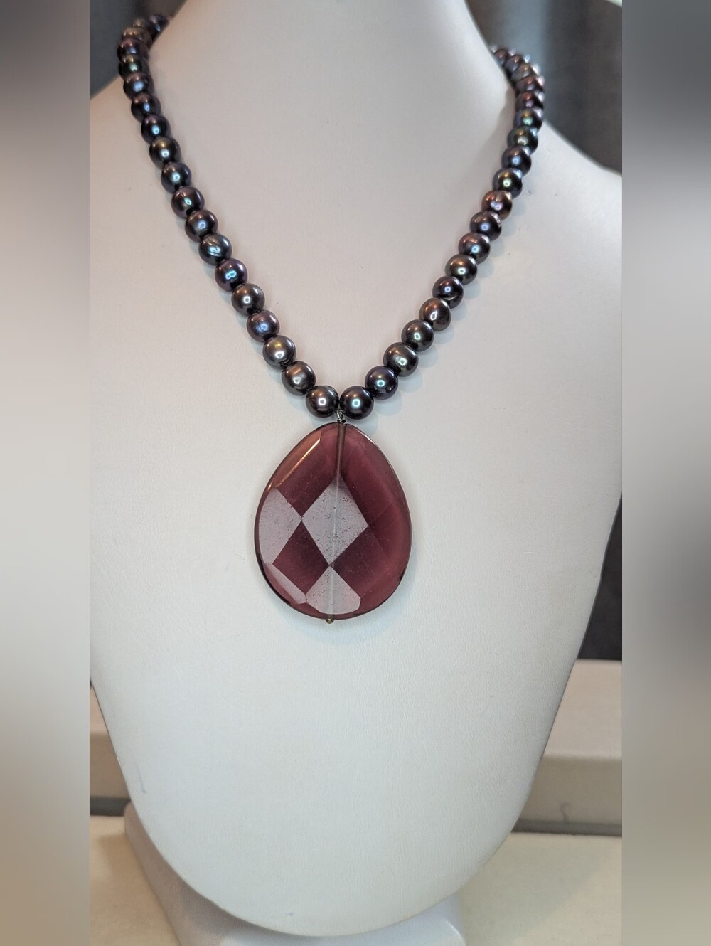 Freshwater Peacock Pearl Necklace w/ 925 Silver & Faceted Purple Pendant